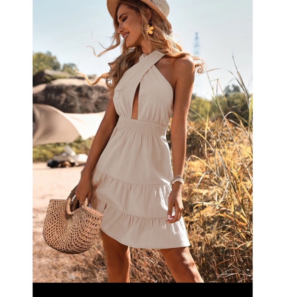 SHEIN VCAY Shirred Waist Halter Neck Backless Ruffle Hem Dress Small